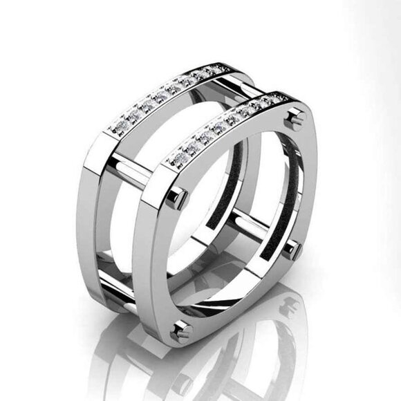 🔥Square Glitter Zircon Double Layer Silver Plated Ring for Men, L187 - Picture 3 of 6